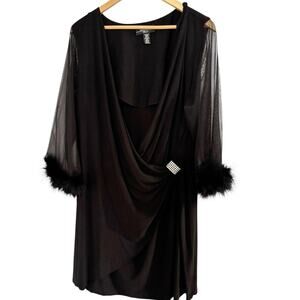 R.M Richards Black Stretchy Ruched Dress Sheer Sleeve Fur Trim Size 18W